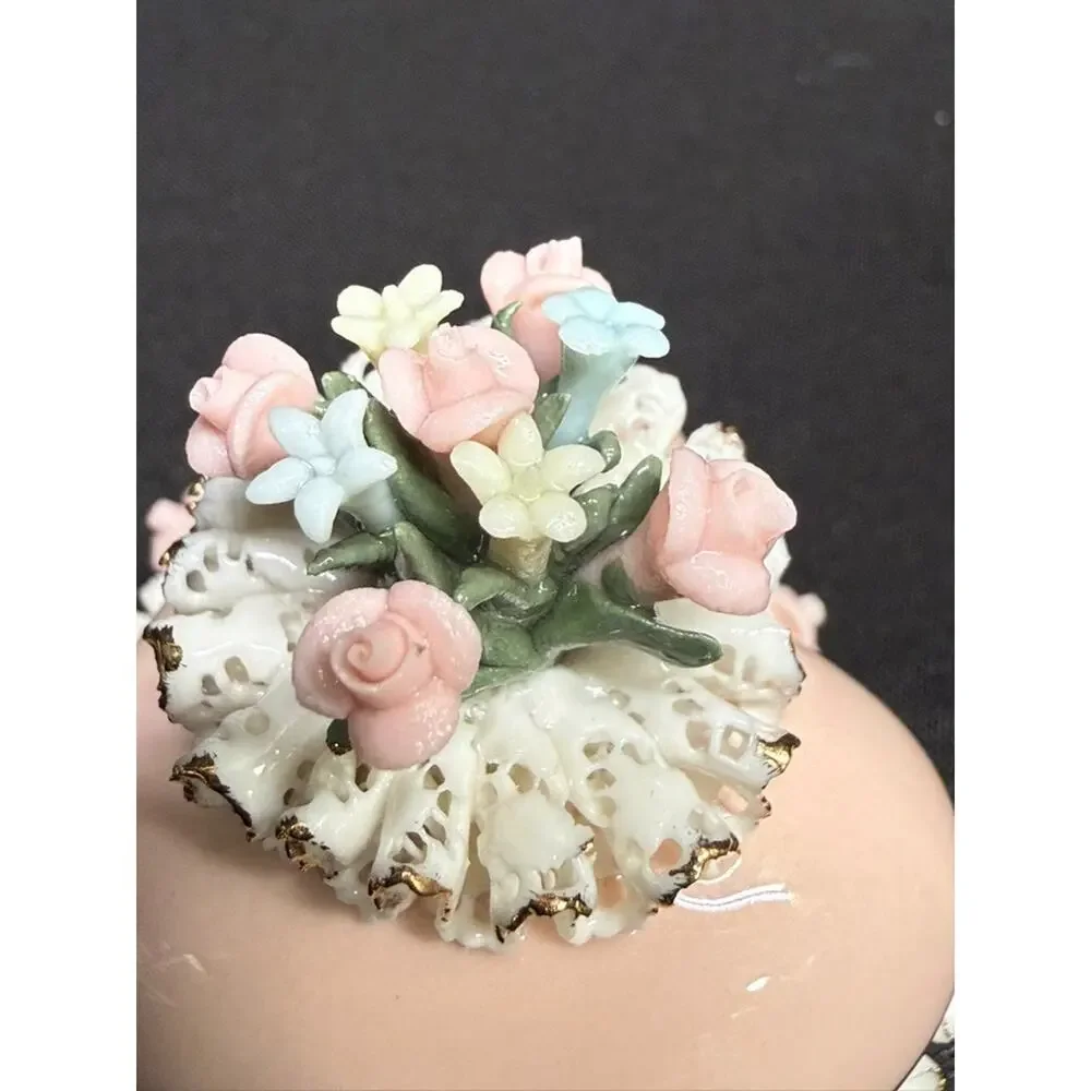 Set of 2 capodimonte porcelain trinket/jewelry boxes pink flowers heart Italy